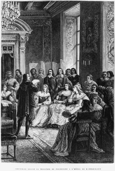 Pierre Corneille (1606-84) leser Polyeucte på Hotel de Rambouillet, ca. 1880 av French School