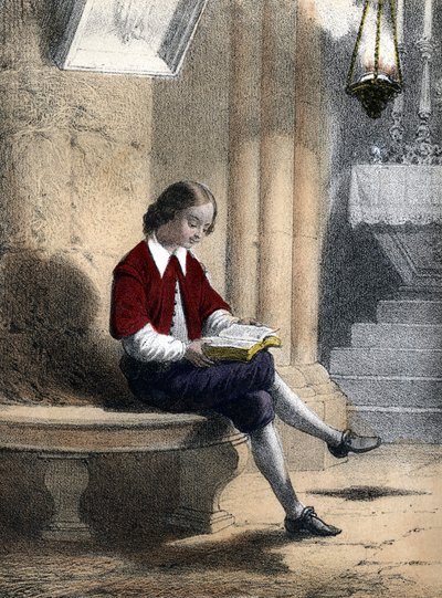 Pierre Gassendi (1592 - 1655): sittende under lampen hengt opp fra voîte (av kirken), begynte han å lese - i "" Les enfants illustres - tales historiques""" av Madame Eugenie Foa av French School