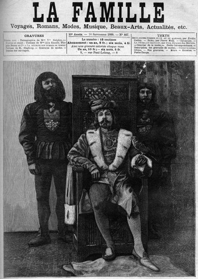 Pierre Loti in Louis XI costume receiving his guests in his castle during a party in a decor from the period of Louis XI. Cover of “” The Family”” from 1888. av French School