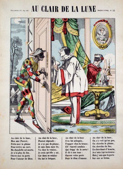 Pierrot, Harlequin og naboen, syk. av sangen "Au clair de la lune", bilde av Epinal av French School