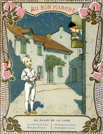Pierrot med stearinlyset, "" Au clair de la lune"" - etikett av "Le Bon Marché"" av French School