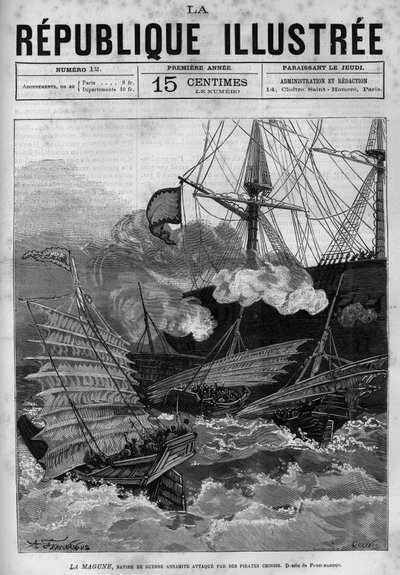 Piratkopiering: det annamittiske krigsskipet «La Magune»» angrepet av kinesiske pirater. En avis. Gravering fra 1880 i "La republique illustree"" privatsamling. av French School