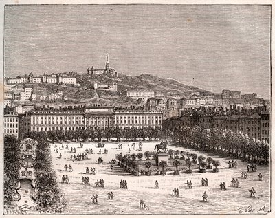 Place Bellecour eller Place Louis-le-Grand - det største torget i Lyon - gravering i "La France illustrée: geografi, historie, statistisk administrasjon" av V.-A. Malt brun. 1884 av French School