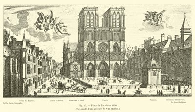 Place du Parvis i 1650, faksimile av en gravering av Van Merlen av French School