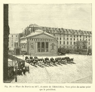 Place du Parvis i 1877, og inngangen til Hôtel-Dieu, utsikt tatt fra samme punkt som den forrige av French School