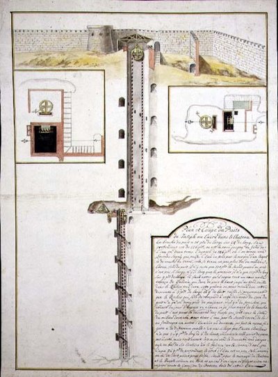 Plan og tverrsnitt av en brønn, ca. 1700 (akvarell på papir) av French School