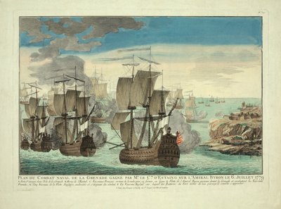 Grenada Naval Combat Plan vunnet av Mr. Cte. D"Estaing på Admiral Byron den 6. juli 1779, pub. 1779 av French School