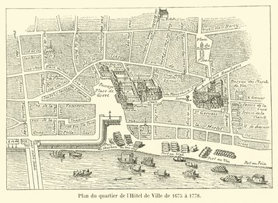 Plan over Hotel de Ville-distriktet fra 1675 til 1778 av French School
