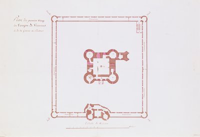Plan for første etasje i Donjon i Vincennes, 1810 (penn og blekk på papir) av French School