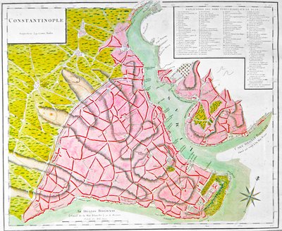 Plan av Konstantinopel (håndfarget gravering) av French School