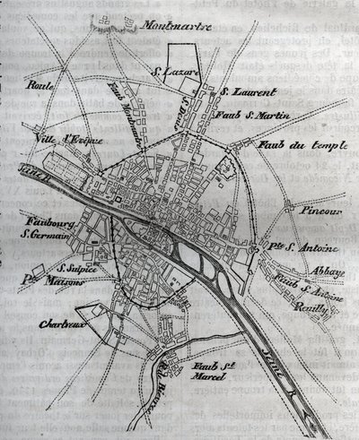 Plan of Paris under Henri III (1580) Engraving in “” Histoire physique, civile et morale de Paris: depuis les premiers temps historiques à nos jours”” by Jacques Antoine Dulaure av French School