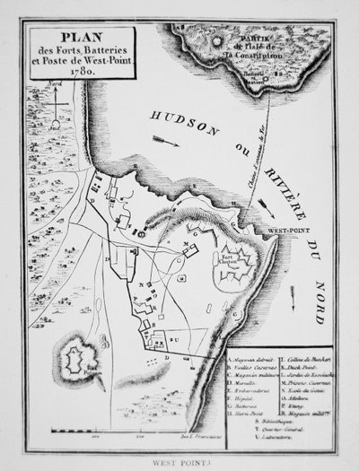 Plan of West Point, nøkkelfortet som Benedict Arnold planla å levere til britene under uavhengighetskrigen (litho) av French School