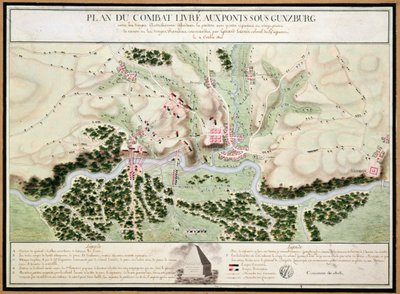 Plan over begivenheter i slaget ved Gunzburg mellom østerrikske og franske tropper i 1805, 1808 av French School
