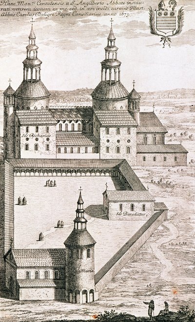 Plan for benediktinerklosteret Saint-Riquier i 1673 av French School