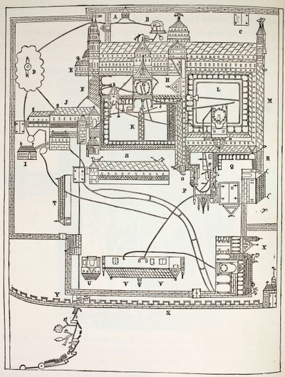 Plan over benediktinerklosteret i Canterbury på 1100-tallet, fra militært og religiøst liv i middelalderen av Paul Lacroix, publisert i London ca. 1880 av French School