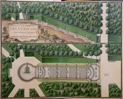 Plan over Cascade in the Grove of Agrippina, fra Gardens at Marly, tidlig på 1700-tallet (wc på papir) (se også 163976) av French School