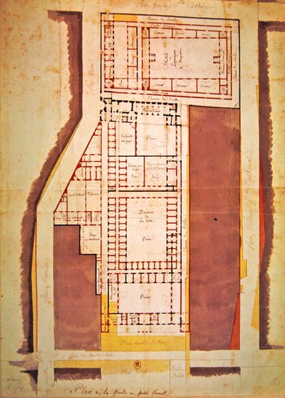 Plan over fengselet Grande og Petite Force, rue du Roi de Sicile, Paris (blekk og vask på papir) av French School