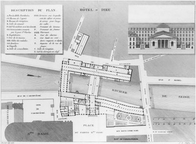 Kart over Hotel-Dieu, Paris, illustrasjon fra Description des Hopitaux de Paris, gravert av Jacques Etienne Thierry (1750-1832) etter Bessat, 1808 av French School