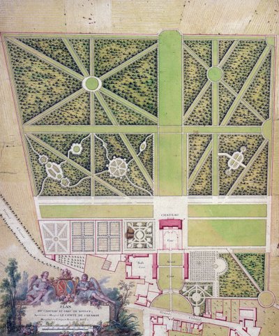 Plan over slottet og parken ved Roissy, tilhørende Comte de Caraman (penn og blekk & wc på papir) av French School