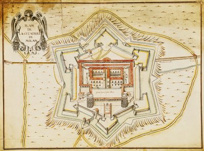 Plan over citadellet i Milano (penn og blekk og wc på papir) av French School