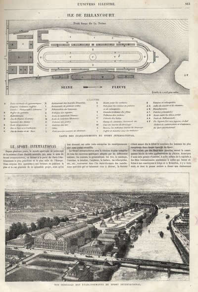 Plan of the establishment of the International Sport, which must be built in the island of Billancourt in 1869 - general view of the establishments of international sport on the island of Billancourt in 1869 av French School