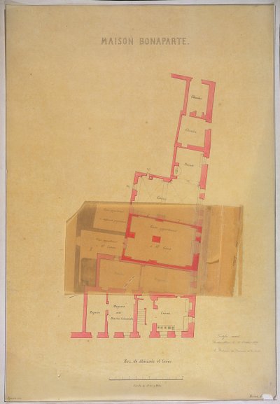 Plan over første etasje og kjellere til huset i Ajaccio, Korsika hvor Napoleon Bonaparte (1769-1821) ble født, 1837 av French School