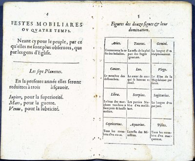 Planeter og astrologiske tegn behandlet humoristisk - i "Almanach pour le temps passe"", av Jean Guerin av French School