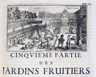 Planting av frukttrær, fra Le Parfait Jardinier, eller Instruction pour les Jardins Fruitiers et Potager, av Jean de la Quintinye, utgitt 1695 av French School