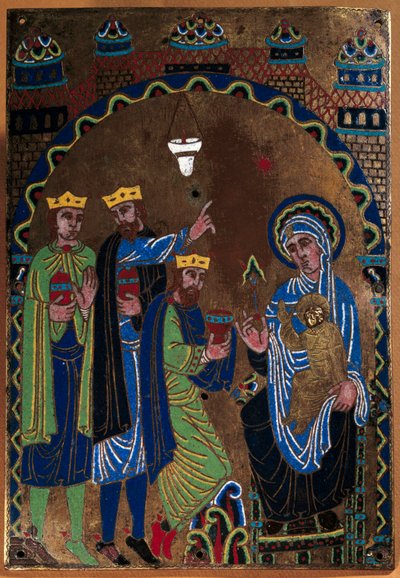 Plakett på hovedalteret til Abbey of Grandmont: Adoration of the Magi. Emalje dore og meisel på kobber. 1275-1300. Fra Limoges. Paris, Nasjonalmuseet for middelalderen, Thermes de Cluny av French School