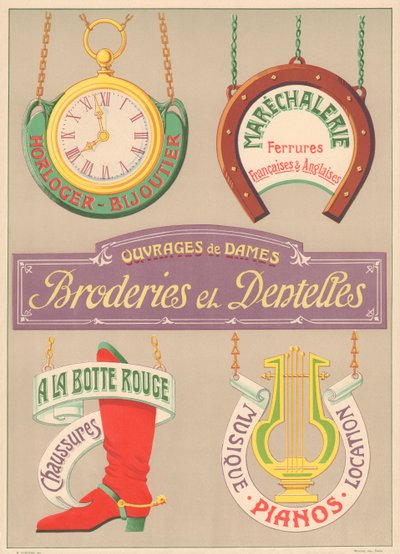 Plate nr. 15: Skiltmodeller for bokstavmaler i jugendstil (Watcher-Jeweller, Marechalery, Brodery and Lace, Shoes, Music Pianos). av French School