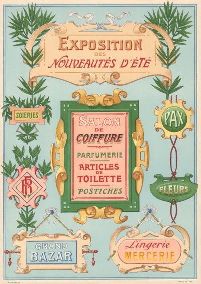 Tavle nr. 17: Skiltmodeller for jugendmaler (utstilling, frisørsalong, basar, sybehør). av French School