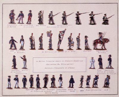 Plate som representerer de forskjellige uniformene til den franske marinen fra Premiere Republique (1792) til 1914. Illustrasjon av det 20. århundre av French School