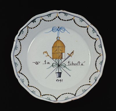 Tallerken med åpent fuglebur og legenden Vive la Liberte, 1791 (keramikk) av French School