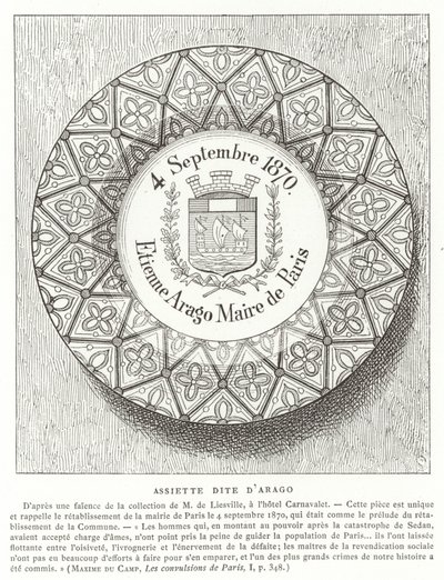 Tallerken med navnet Etienne Arago, borgermester i Paris under den fransk-prøyssiske krigen, 1870 av French School