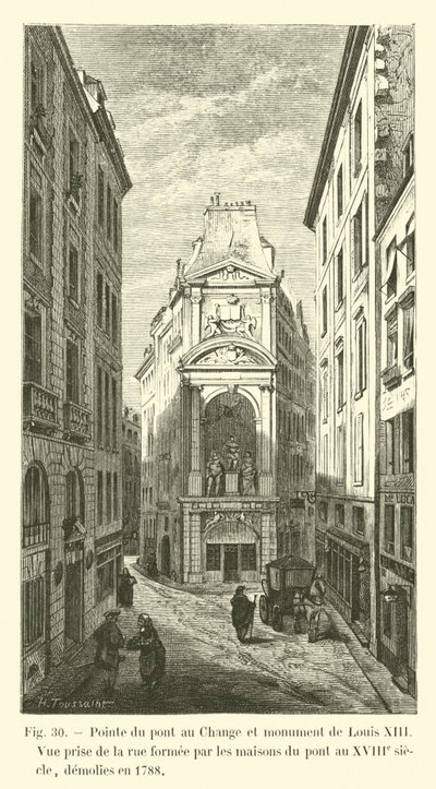 Point of the Pont au Change og monumentet til Louis XIII, utsikt tatt fra gaten dannet av husene til broen på 1700-tallet, revet i 1788 av French School