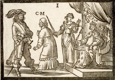 Politiske hefter Mazarinade: Mazarin forvist av Justice and Sling, forlater kongen (Louis XIII). Gravert tre 1651. av French School