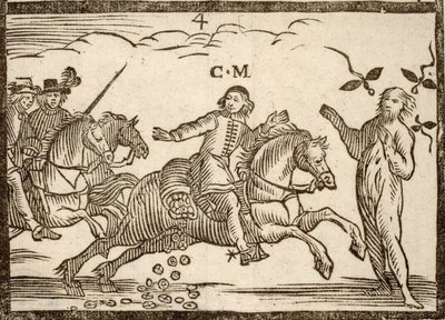 Politiske brosjyrer Mazarinade: Mazarin slipper ecus på sin flukt: skyggen av Concini, Marshal of Anchor, står foran ham. Gravert tre 1651. av French School