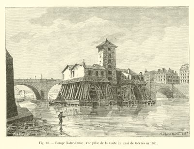 Notre-Dame pumpe, utsikt tatt fra hvelvet til Quai de Gevres i 1861 av French School