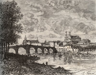Pont-a-Mousson (Pont a Mousson) - Meurthe-et-Moselle - gravering i "Frankrike illustrert: geografi, historie, statistisk administrasjon" av V.-A. Malt brun. 1884 av French School
