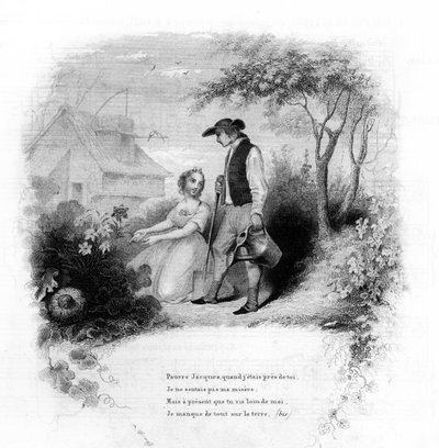 Stakkars Jacques. En ung jente kneler foran blomstene i nærheten av en gartner. Gravering i "" Chants et chansons populaire de la France", Tome 2 av French School