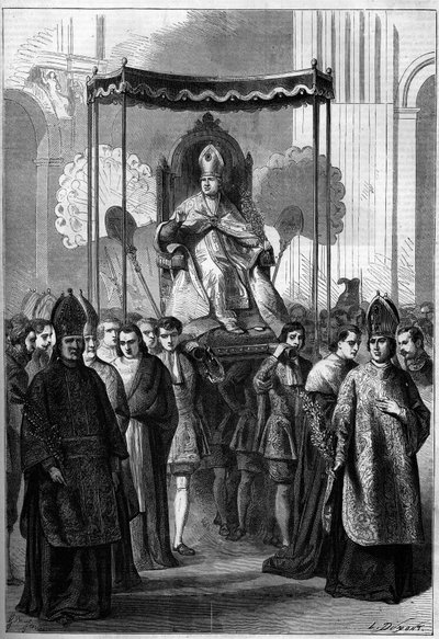 Pave Pius IX (1792-1878) bærer prosesjoner til St. Peter-kirken i Roma (Italia) på palmesøndag i 1861. Gravering i "" Le Monde Illustré"" nr. 209 av 13. april 1861. av French School