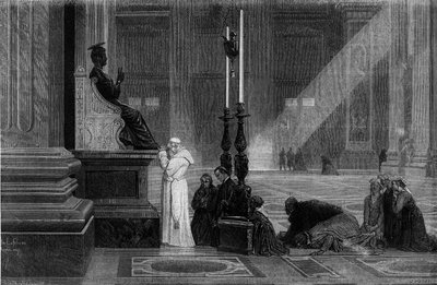Pope Pius IX (1792-1878) prayed near the statue of St. Peter in the Basilica of St. Peter in Rome. Engraving from “” Rome: description and souvenirs”” by Francis Wey, years 1870. av French School