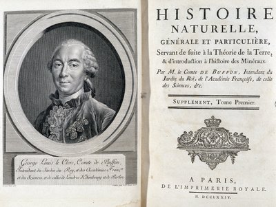 Portrett og tittelside av "" Natural, generell og spesiell historie"" av Buffon av French School