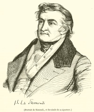 Portrett av Sismondi, og faksimile av signaturen hans (gravering) av French School