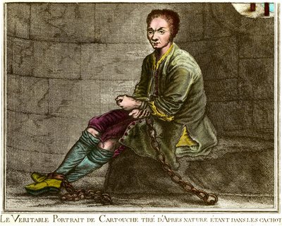 Portrait en pied av Louis Dominique Cartridge (1693-1721), fransk brigand i fangehullet hans Gravering av 1700-tallets privatsamling av French School