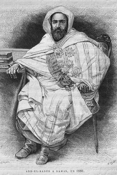 Portrett av Abd el-Kader i Damaskus i 1880 (1808-83), fra Syria i dag. Reiser i Fønikia, Libanon og Judea. 1875-1880 av Louis Charles Emile Lortet, 1884 (bw gravering) av French School