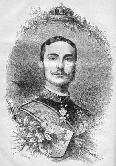 Portrett av Alfonso XII (Alfonso) (1857-1885), konge av Spania. Gravering i "" Le Monde Illustré"" n°1085 av 19. januar 1878. av French School