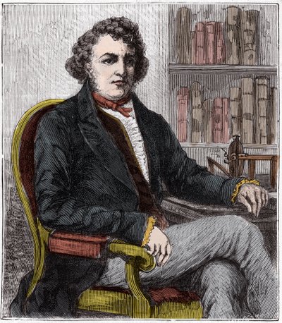 Portrett av Andre Marie Ampere (1775-1836) fransk fysiker - Andre-Marie Ampere (1775-1836), fransk fysiker og pioner innen elektrodynamikk - Gravering i "" Sciences mise à la range de tous - physics et chimie populaires"" av Alexis Geis av French School