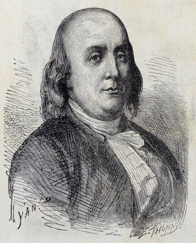 Portrait of Benjamin Franklin (1706 - 1790), American politician, memorialist, pamphletar and physicist - in “” Album of Science; illustrious scholars; Great Discoveries””” 1896. av French School