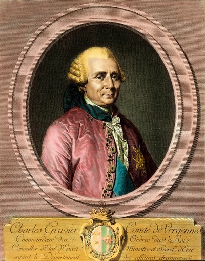Portrett av Charles Gravier, greve av Vergennes (1719 - 1787). Gravering fra 1700-tallet. Privat samling. av French School